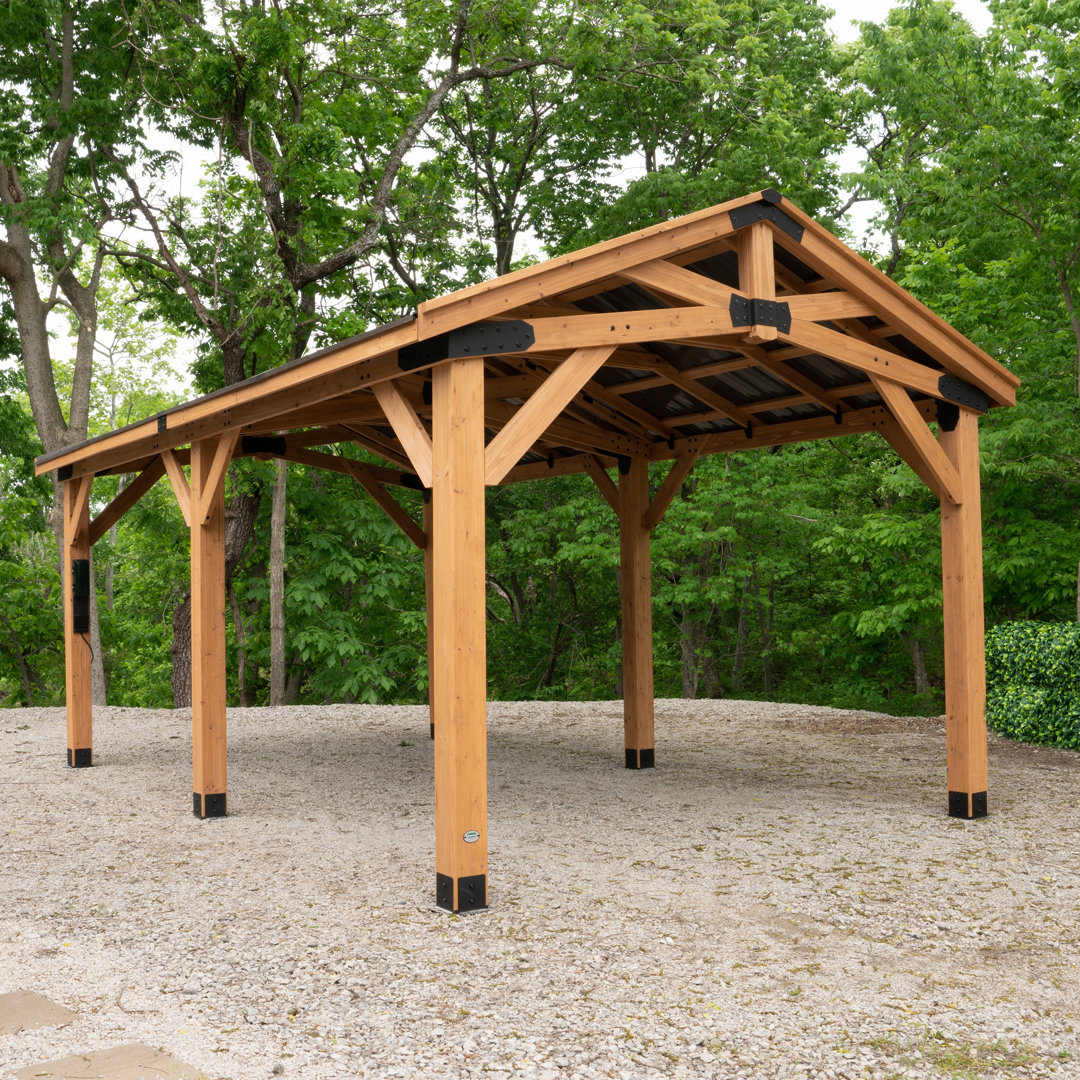 Backyard Discovery Norwood 20' x 12' Cedar Wood Outdoor Patio Gazebo with Hardtop Galvanized Steel Peak Roof and PowerPort